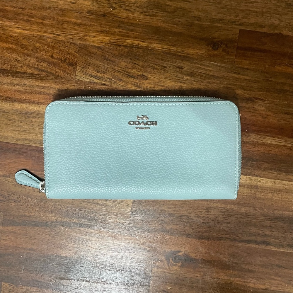 Coach light blue pebble leather zip wallet